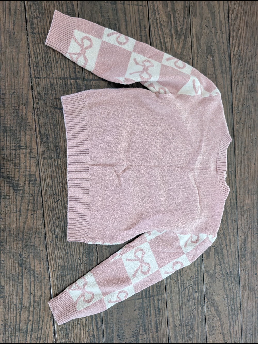 Amy Byer Pink Crewneck Sweater with Cream Bow-Print Sleeves